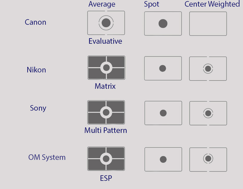 Comparison chart of autofocus metering patterns across four camera systems.