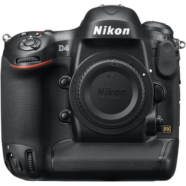 Nikon D4 DSLR camera body with integrated battery grip, shown from front against white background.
