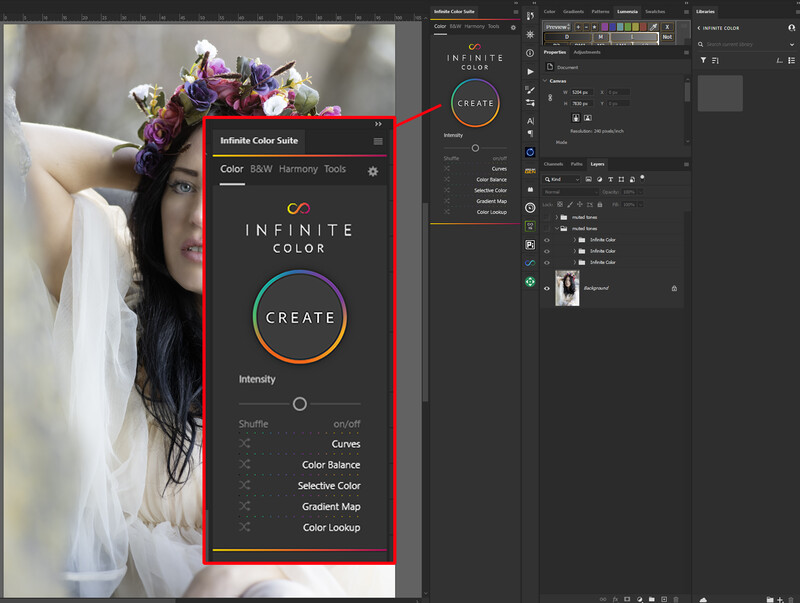 Screenshot of Infinite Color software interface with color adjustment tools overlaid on portrait editing workspace.