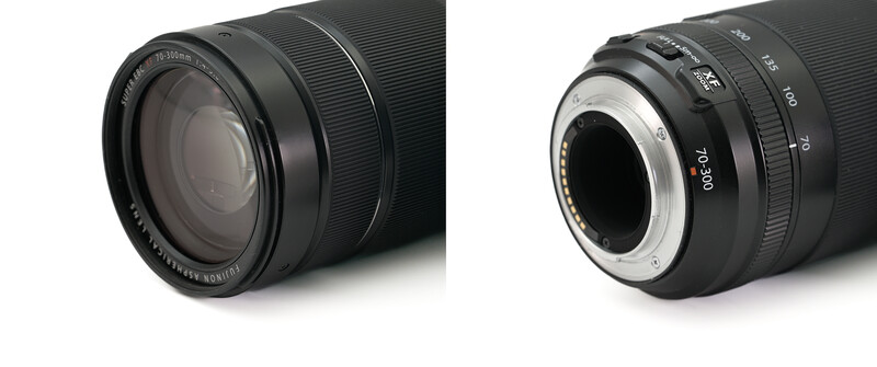 Front and rear views of a telephoto zoom lens showing glass elements and mechanical components.