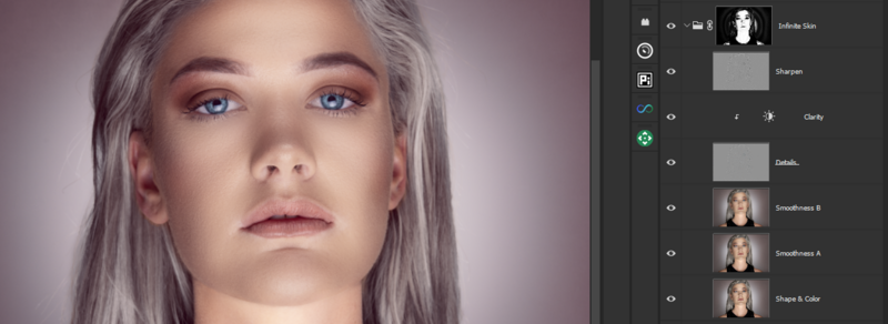 Screenshot of digital portrait editing interface showing a female face with pale skin and blue eyes alongside adjustment layers in editing software.