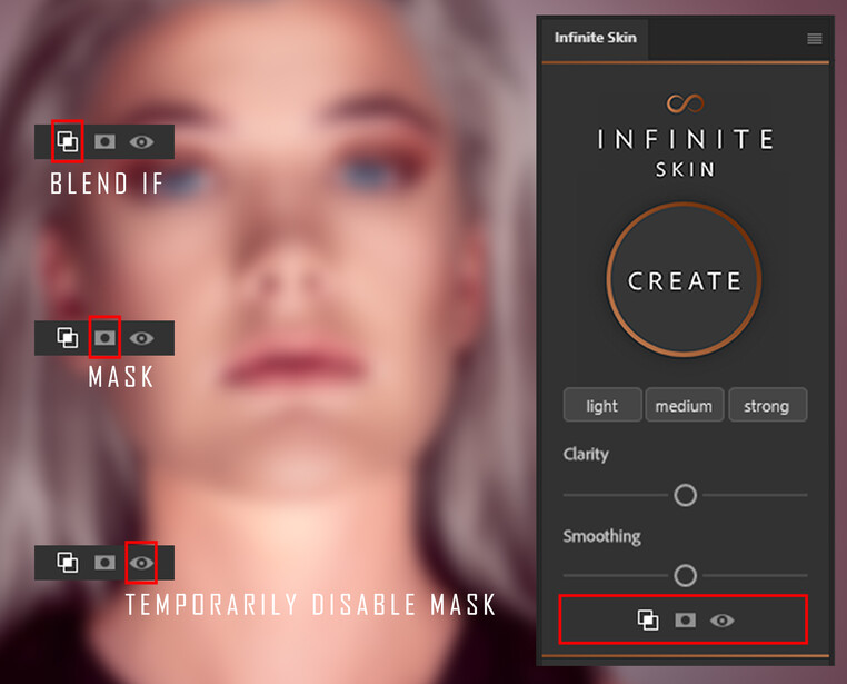 Screenshot of Infinite Skin plugin interface with blending and masking controls overlaid on a portrait.