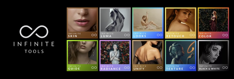 Graphic displaying Infinite Tools product suite with nine editing modules for photography.