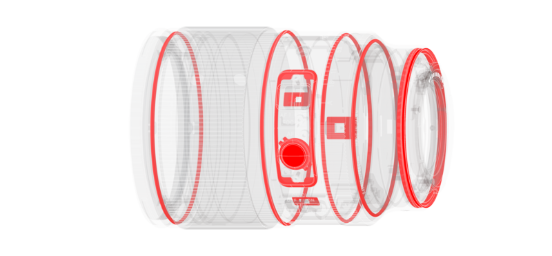 Illustration of a camera lens cross-section showing internal optical elements and mechanical components in red and gray.