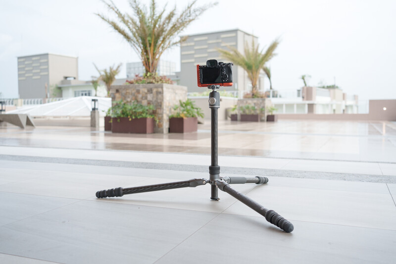 Smartphone mounted on a compact tripod on a rooftop overlooking an urban skyline with palm trees.