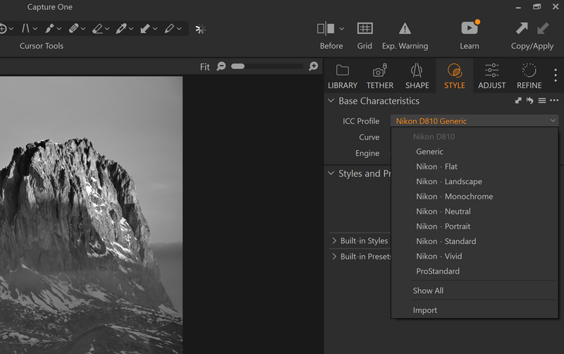 Screenshot of Capture One editing interface showing a monochrome mountain landscape with ICC profile and style options displayed.