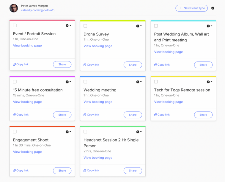 Screenshot of a photographer's service portfolio grid showing nine colored booking cards.
