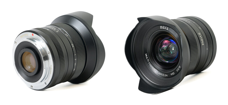 Two wide-angle camera lenses shown from front and rear views, displaying optical elements and mount connections.