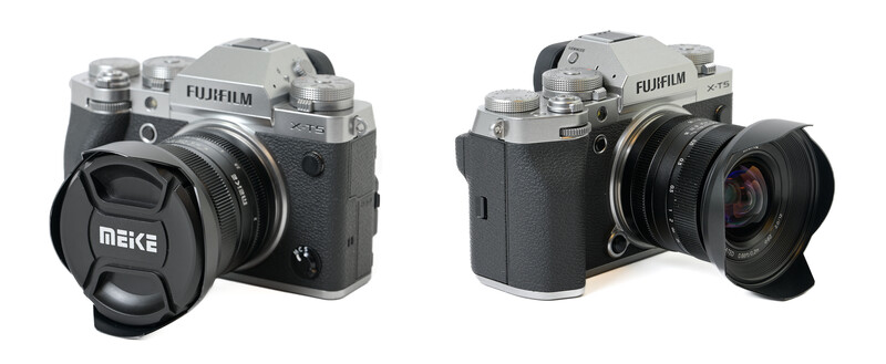 Two Fujifilm X-T5 mirrorless cameras with different lenses and lens caps side by side.