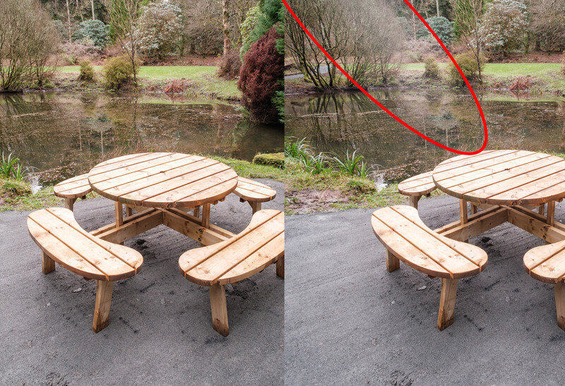 Side-by-side comparison of a wooden picnic table by a pond, with red circles highlighting differences between the two versions.