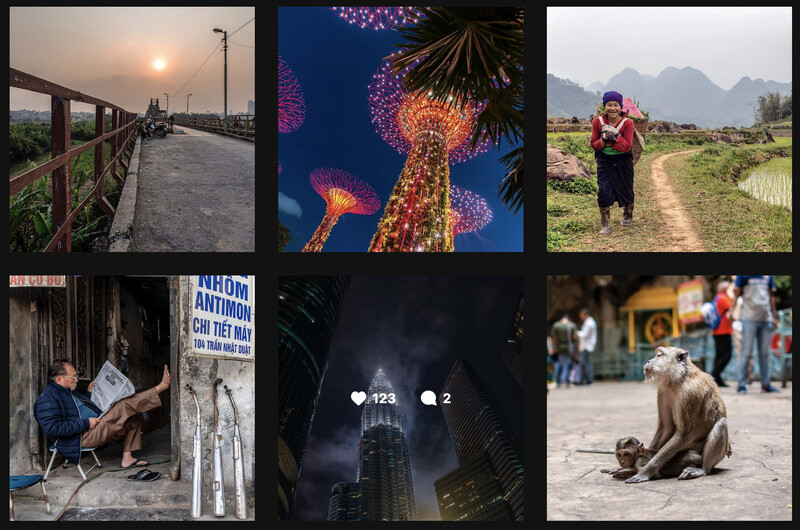 Grid of six photographs showcasing diverse subjects including landscapes, architecture, wildlife, and street scenes with varied lighting conditions.
