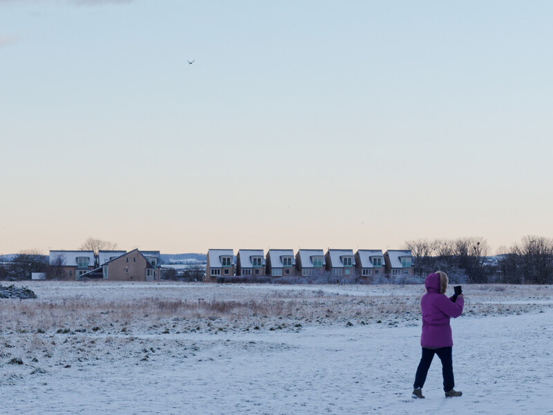 Person in purple jacket standing alone on snowy beach facing row of beach houses at dusk.