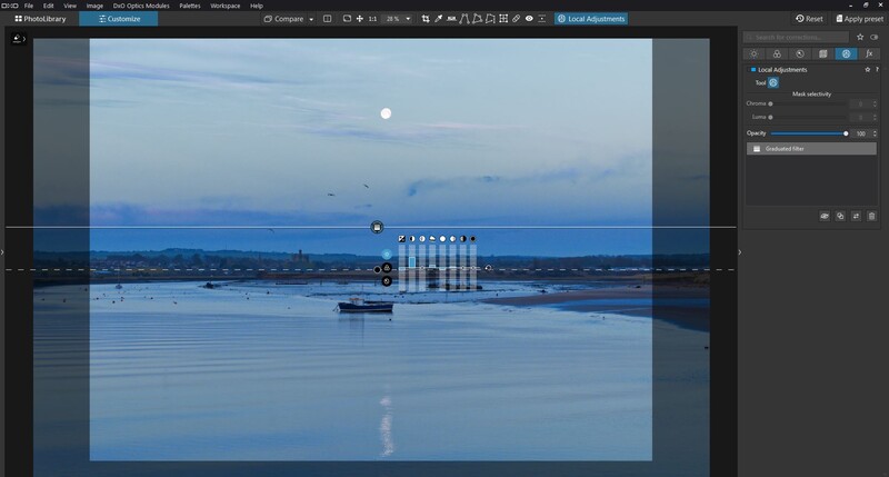 Screenshot of photo editing software with a serene seascape showing a boat on calm blue water under twilight sky.