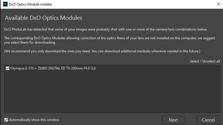 Screenshot of DxO Optics Module installer window showing available lens correction modules.
