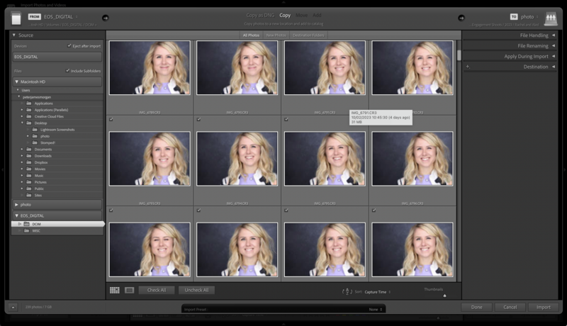 Screenshot of photo editing software displaying a contact sheet of 12 professional headshot variations of the same woman.