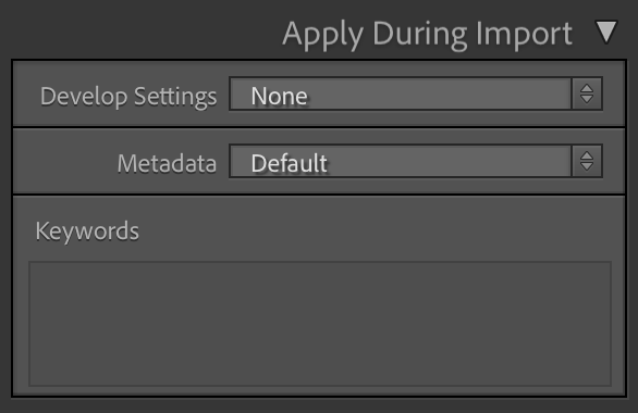 Screenshot of import dialog with Develop Settings, Metadata, and Keywords options.