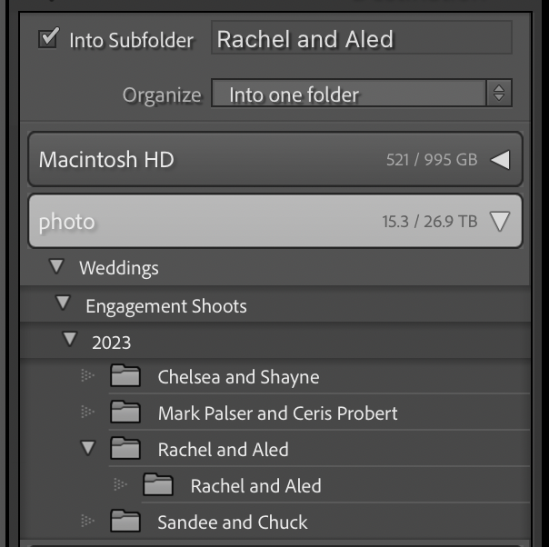 Screenshot of file organization dialog showing folder structure for wedding photography projects.