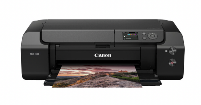 Canon PRO-300 inkjet printer with landscape photo printing from front tray.