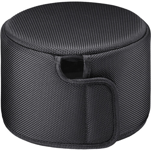 Black fabric camera lens pouch with ribbed texture and carrying handle.