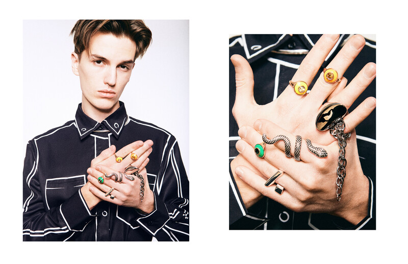 Two side-by-side portraits showcasing ornate gold and silver rings and hand jewelry on models wearing dark clothing.