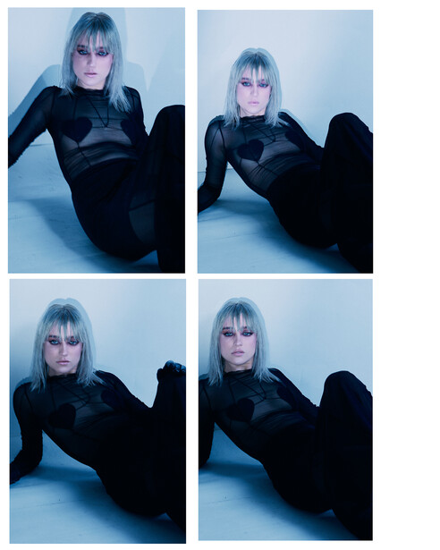 Four-image contact sheet of a woman in black clothing against a light blue background, shot from similar angles with slight pose variations.