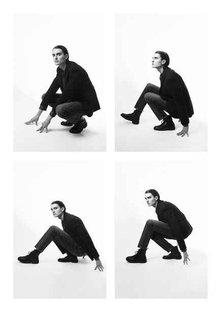 Man in black suit crouching in four different poses against white background.