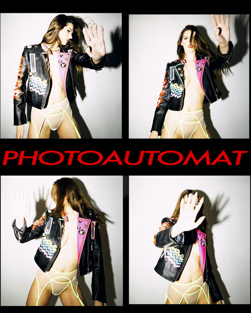 Four-panel photo series showing a model in dynamic poses wearing a patterned jacket and cream pants against a white wall.