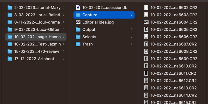 Screenshot of file manager showing organized folders and CR2 raw image files from a photo shoot.