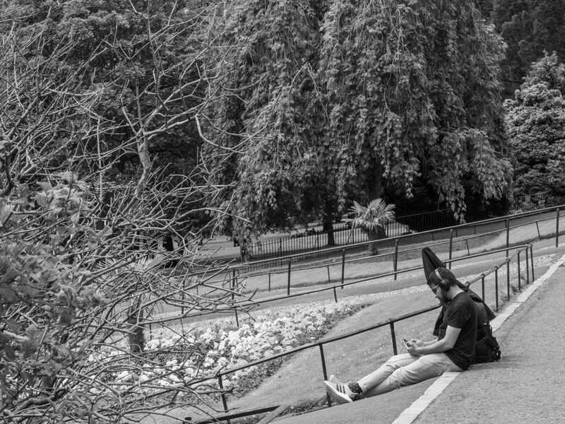 Woman in dark clothing seated on concrete steps beside metal railings, surrounded by bare trees and evergreens.