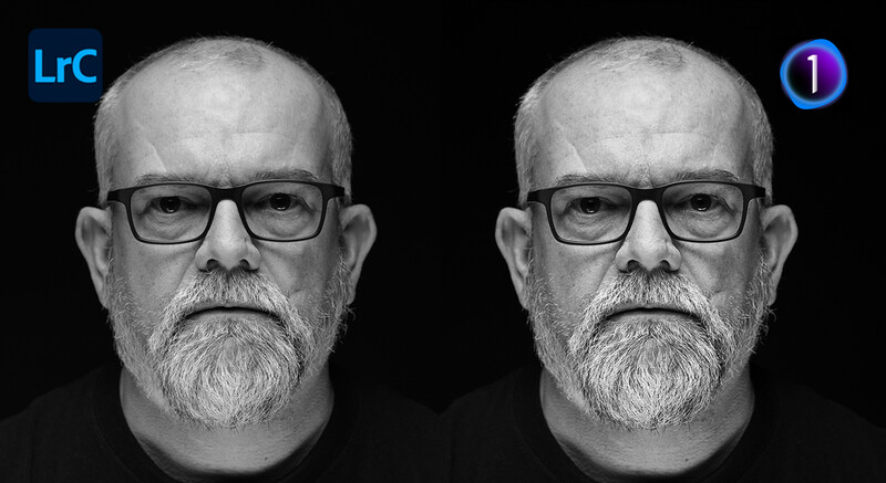 Side-by-side comparison of identical male portrait photographs showing subtle lighting or processing differences.