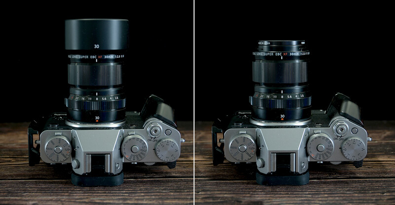 Vintage rangefinder camera with 30mm lens shown from front, demonstrating lens extension at different focus distances.