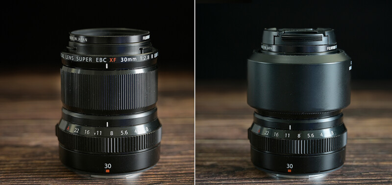Side-by-side comparison of a Zeiss Super EBC XF 30mm lens showing front and rear views with focus and aperture rings.