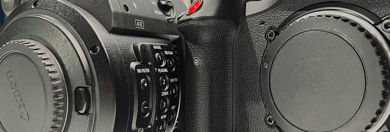 Canon cinema camera bodies and control panel showing manual focus and recording settings.