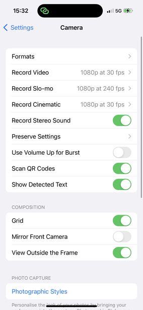 Screenshot of smartphone camera settings menu showing recording formats and composition options.