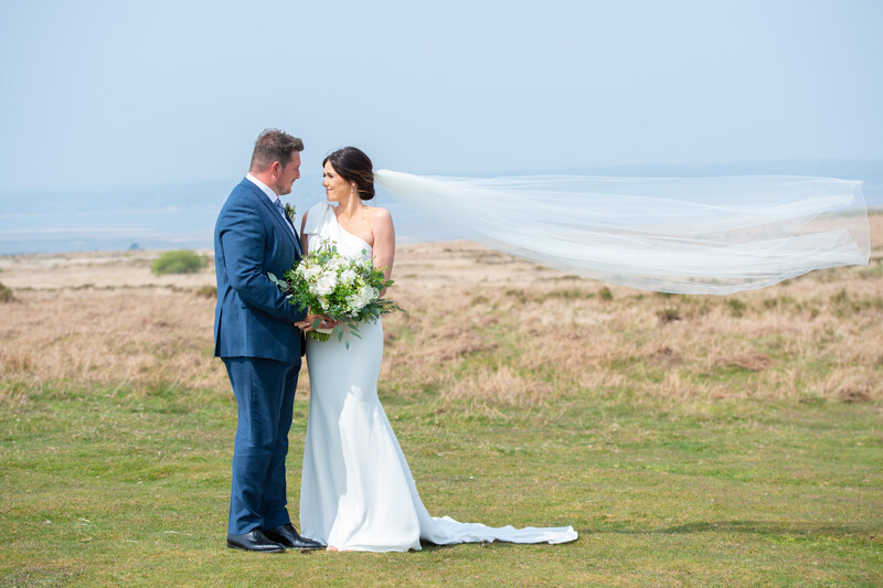 Bride and groom standing in a grassy coastal meadow with ocean visible in the distant background.