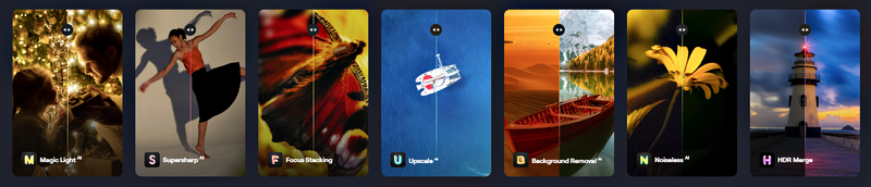 Collection of seven AI photo editing tools displayed as cards with sample images demonstrating each feature.