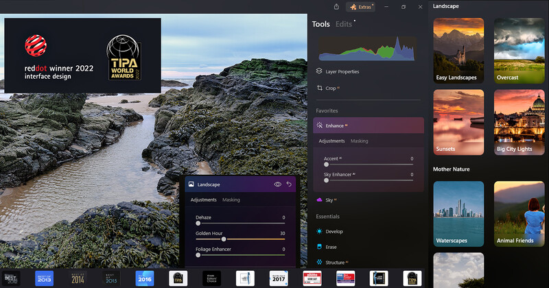 Screenshot of landscape photo editing software with rocky coastal scene and adjustment panels open.