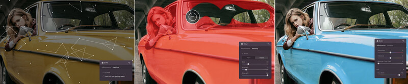 Screenshot showing color grading adjustments applied to three vintage car portraits with different color treatments.