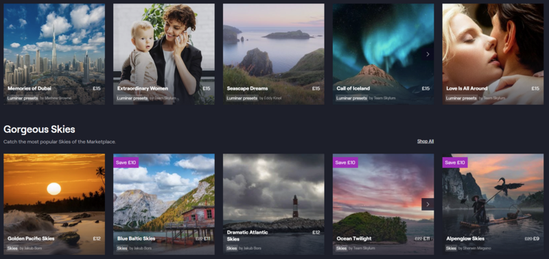 Screenshot of a stock photography marketplace displaying landscape and portrait images organized by category.