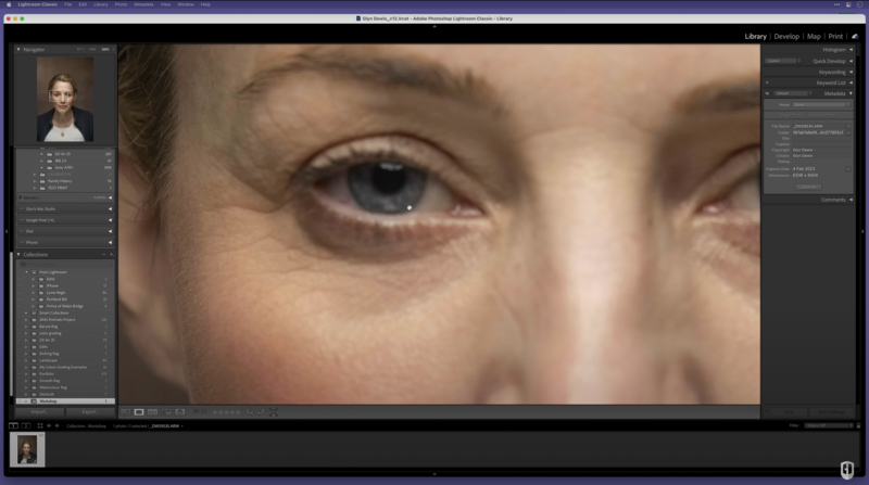 Screenshot of photo editing software displaying a close-up of a person's eye and face during retouching.