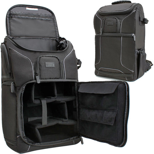 Three views of a gray and black camera backpack showing exterior, interior storage compartments, and expandable side panels.