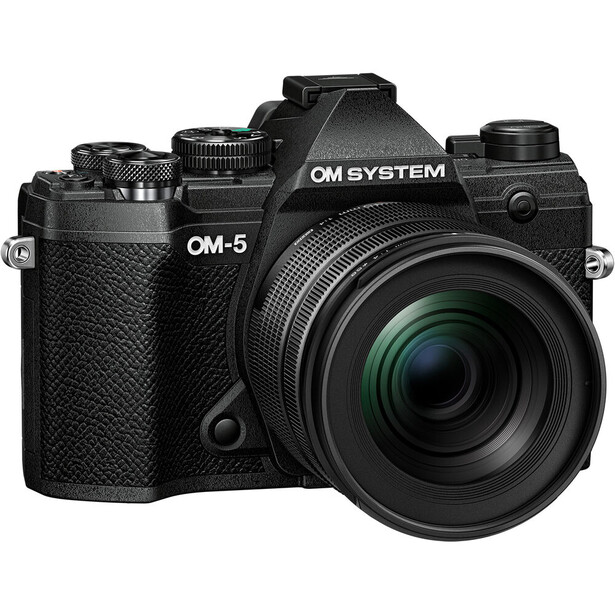 OM SYSTEM OM-5 mirrorless camera with attached lens, shown against white background.
