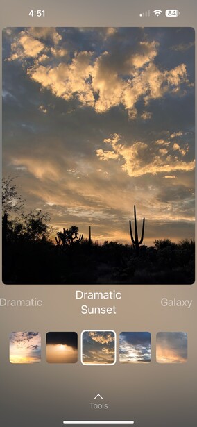 Desert landscape silhouetted against a dramatic golden sunset sky with layered clouds. The Dramatic Sunset filter is applied.