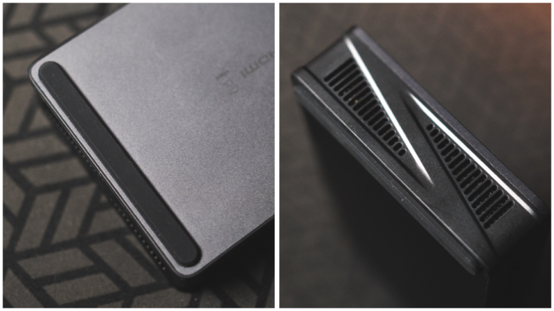 Two views of a sleek gray external hard drive with black accent details and ventilation slots.