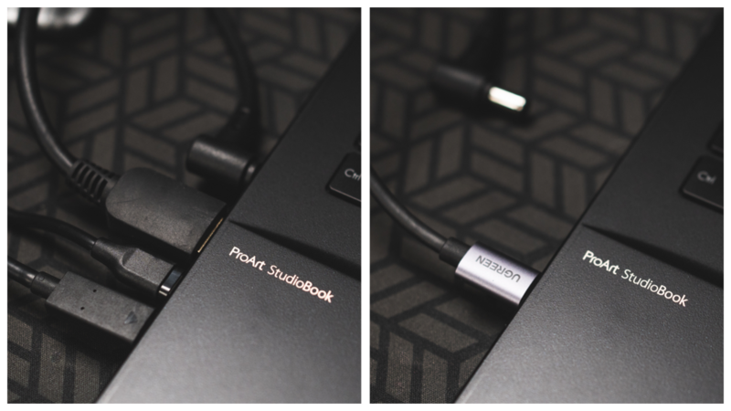 Side-by-side comparison of a laptop power adapter before and after cleaning, showing visible dust accumulation on the left versus a clean connector on the right.