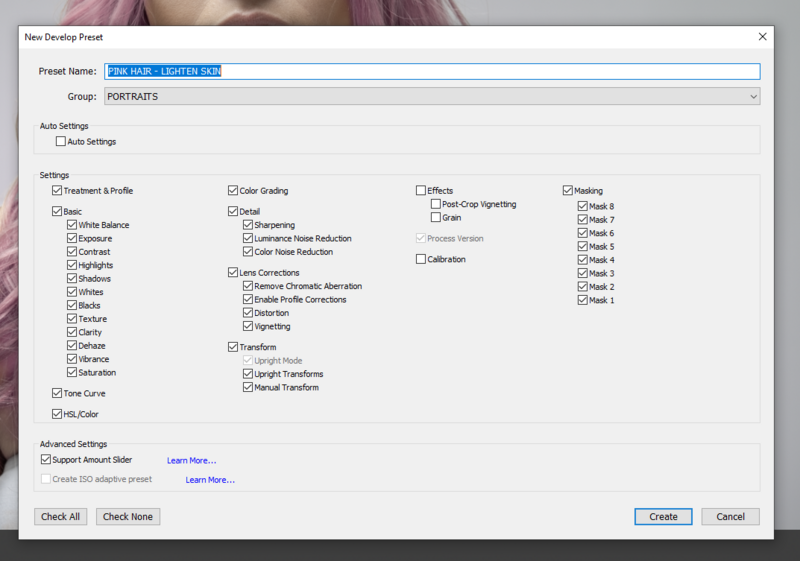 Screenshot of a New Develop Preset dialog box with various editing settings and checkboxes for portrait photography.