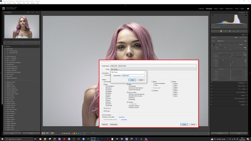 Screenshot of photo editing software with portrait retouching dialog box open over image of woman with pink hair.
