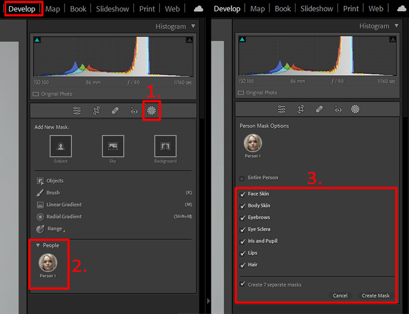 Screenshot of Lightroom's Develop module showing histogram and mask options panel with various adjustment controls.