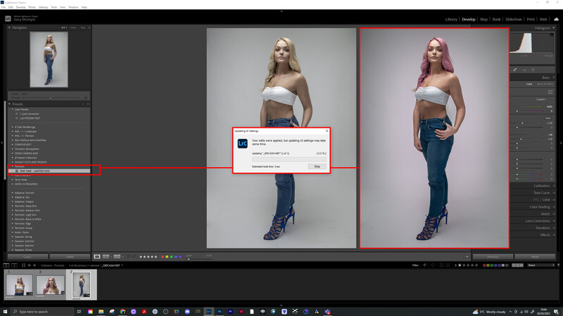 Screenshot of photo editing software showing before and after color grading comparison of a portrait.