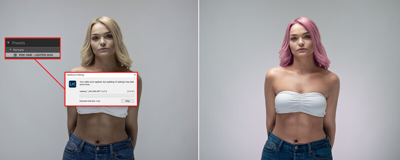 Before and after comparison showing hair color and skin tone adjustments in photo editing software.